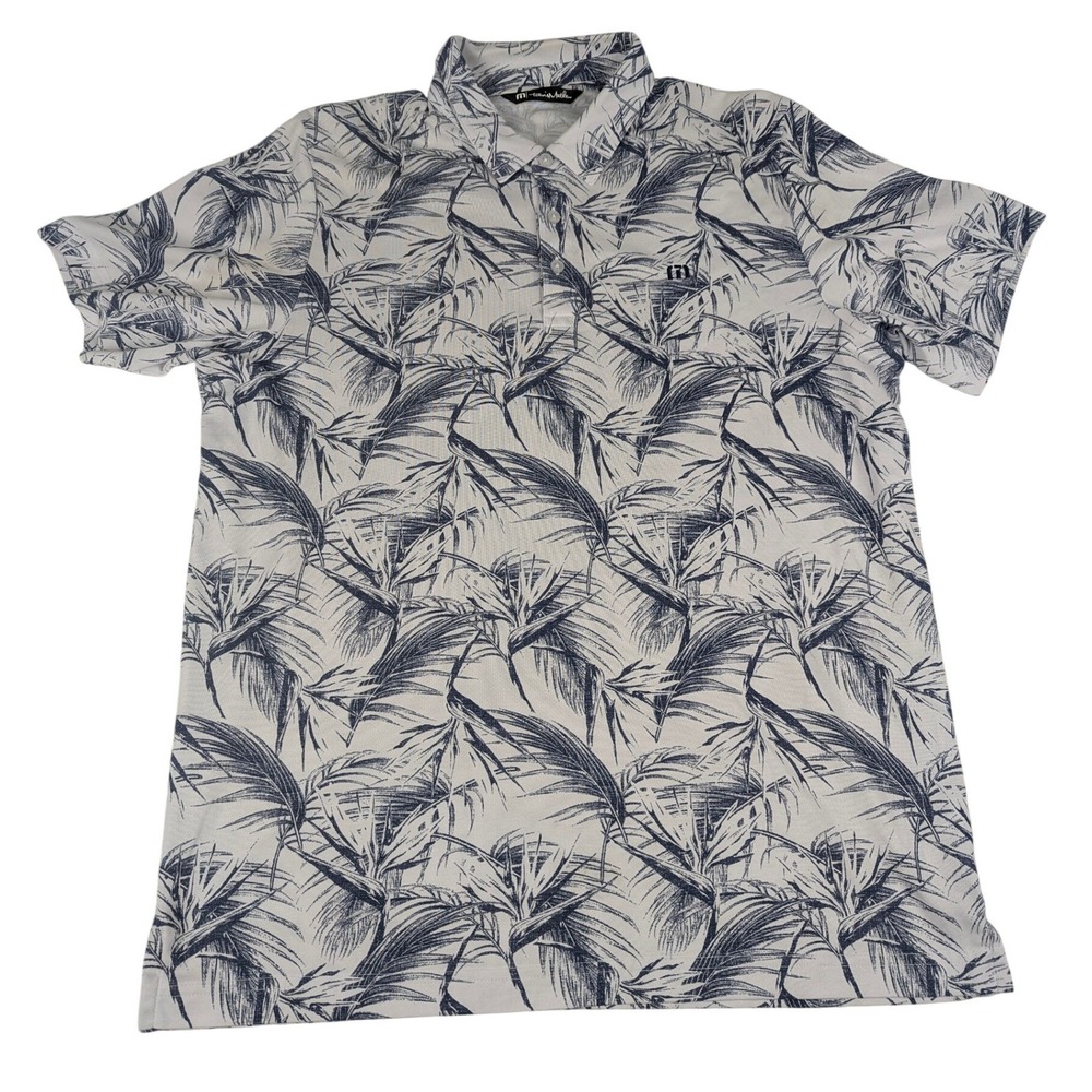 Travis Mathew Mens Large Pima Cotton Tropical Palm Leaf Golf Polo White Blue